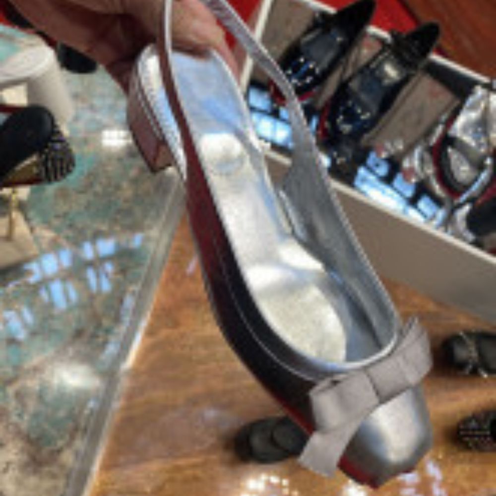 Women's Square Toe Bow Slingback Block Heel Sandals Metallic Black/Silver Evening Party Footwear---168-10