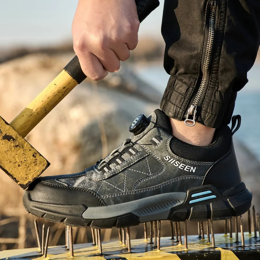 Mens Steel-Toed Safety Shoes With Anti-Crush Anti-Puncture And Anti-Slip Soles Fashionable Button Industrial Work Shoes 251126