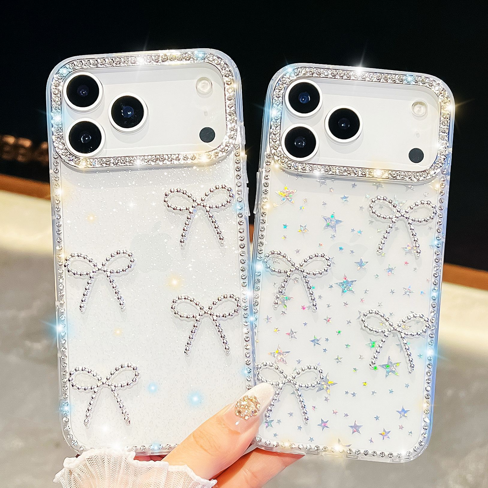 iPhone 17 Pro Max Edge Drill Bowknot Phone Case Compatible with Apple 16 Transparent Protective Case