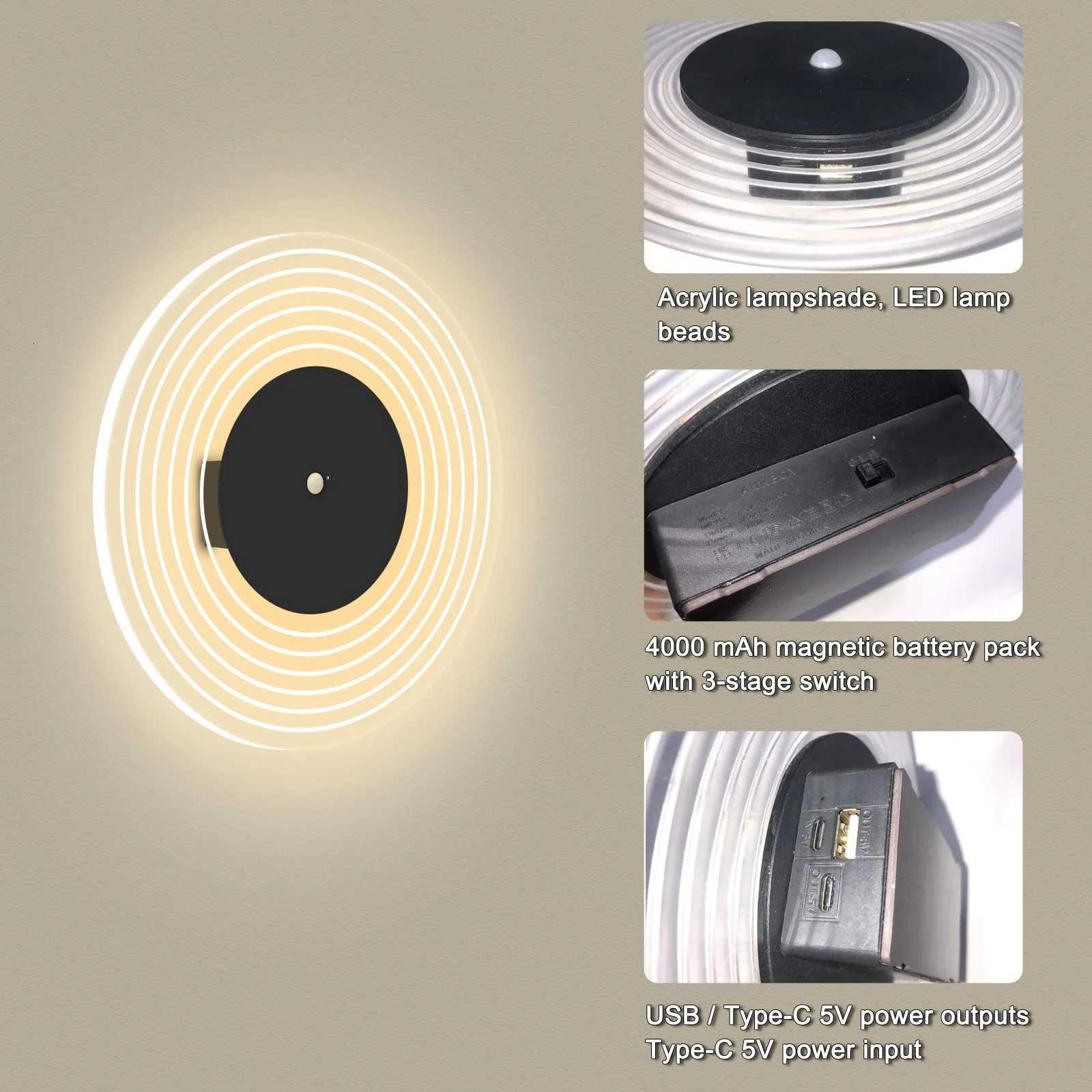 LED 4000mAh Wall Lamp Rechargeable with Motion Sensor Wall Lights Indoor Magnetic Wireless Wall Lamps Home Living Room Decor M251126