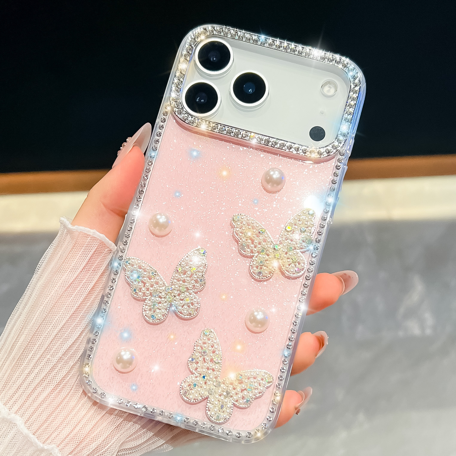 Pearl Butterfly Phone Case Compatible with iPhone 17 Pro Max Shockproof Protective Case iPhone 16/15 Pro