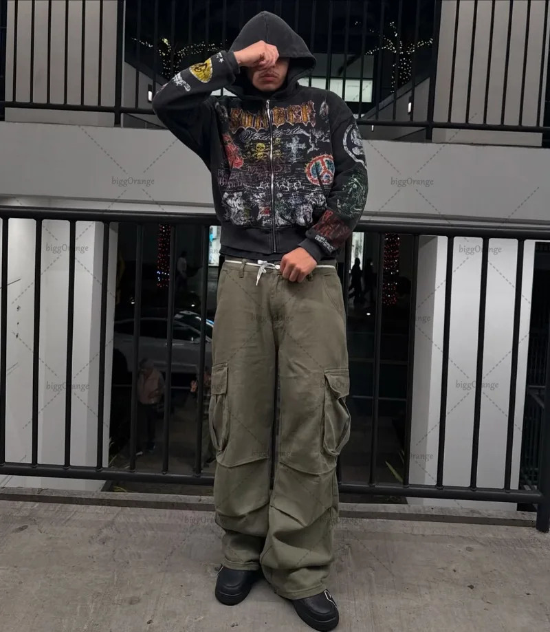 American retro skull graphic zipper mens gothic punk fashion streetwear jacket hip-hop Harajuku Y2K oversized sweatshirt 250422