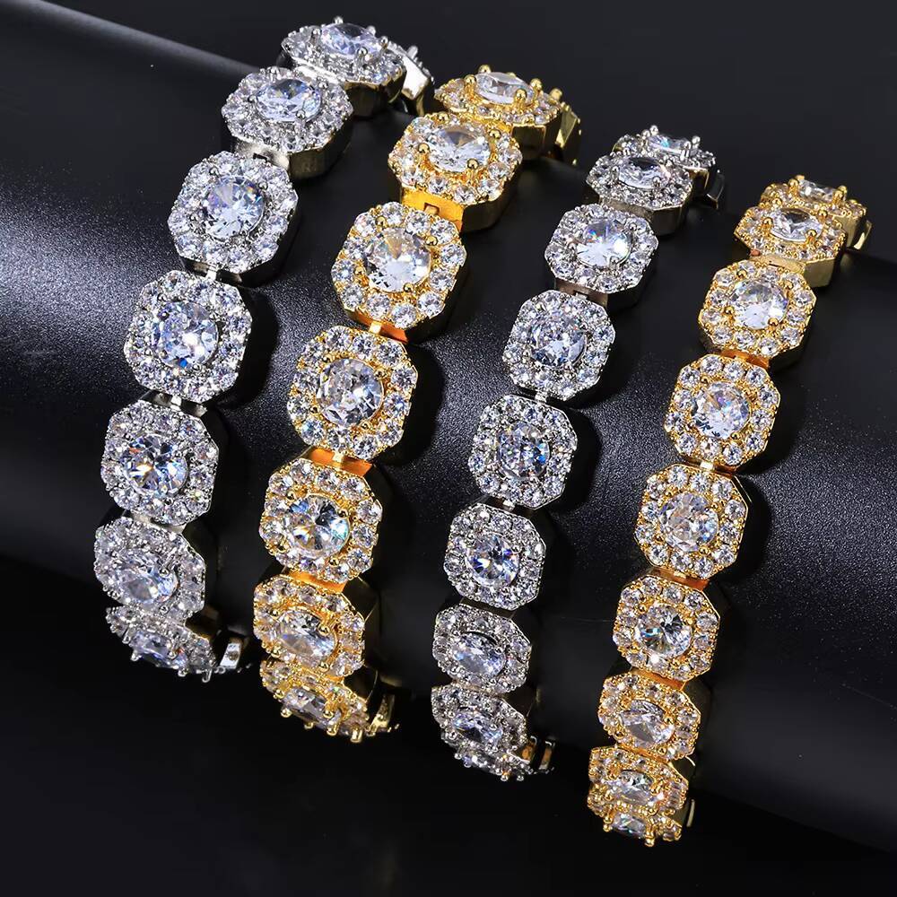 Iced Out 925 Silver Bracelet Gold Plated 10/12mm VVS D Color Clustered Tennis Chain Women Hip Hop Bling Jewelry