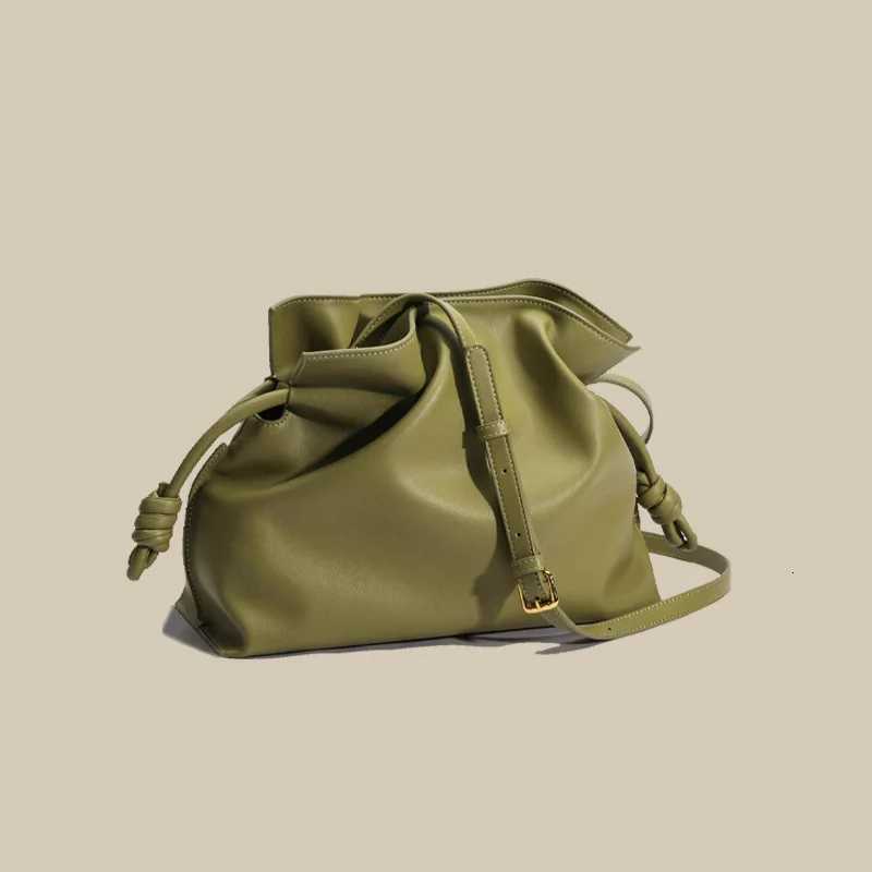New Ruched Design Solid Color String Close Gift Lucky Pouch Handbag Cowhide Leather Women Shoulder Bag 2 Size Daily Purse K251126