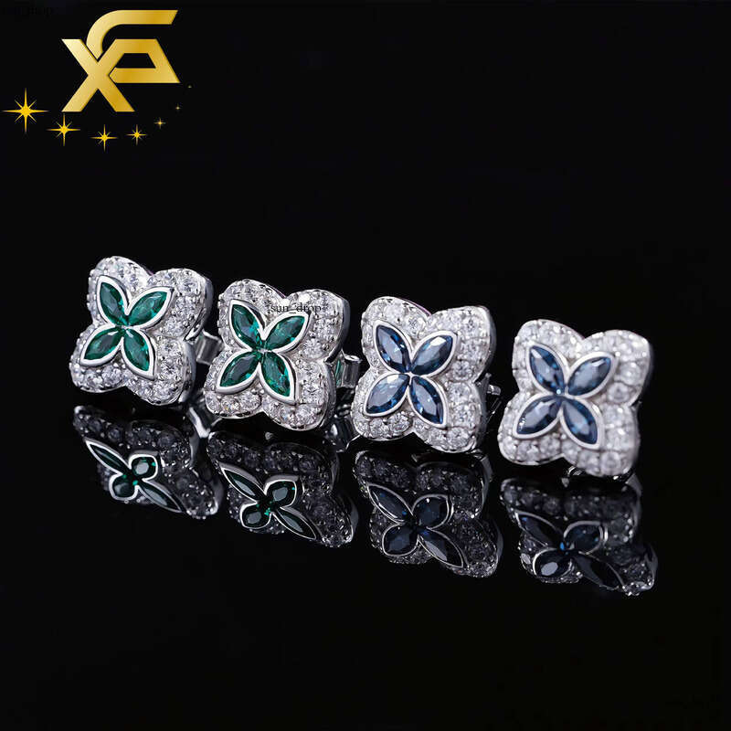 Fashion Design Iced Marquise Blue VVS Moissanite VVS Diamond Rhodium Plated 925 Sterling Silver Earrings Studs for Women and Men