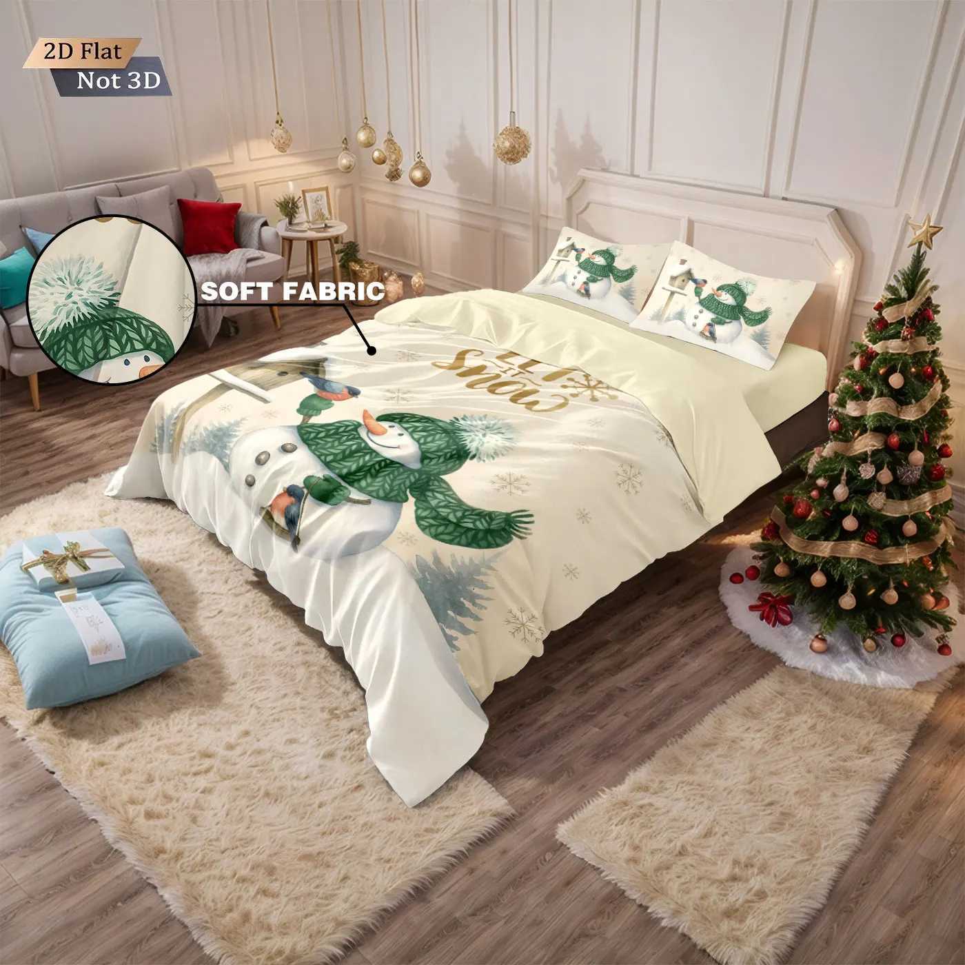 Christmas 3pcs Merry Christmas cartoon snowman printed coreless down comforter set multi size bedroom bedding decoration machine washable Y251126
