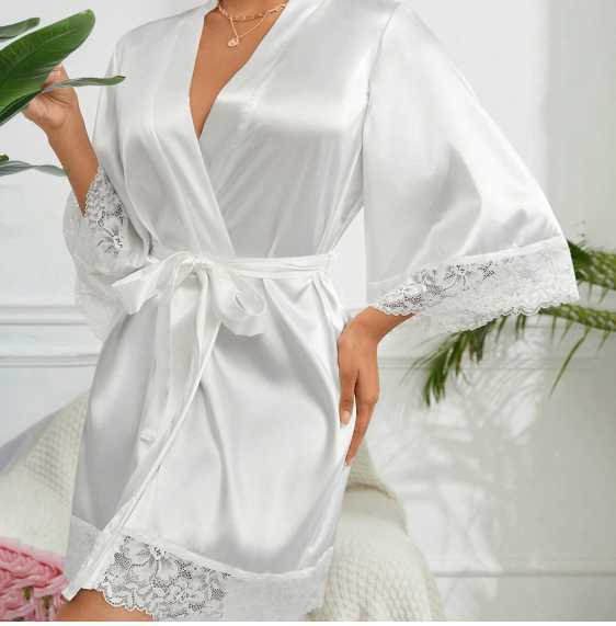 Bridal Bathrobe Bridesmaid Gift Long-sleeved Lace Trim Nightgown Tie-front Home Leisure Robe C251126