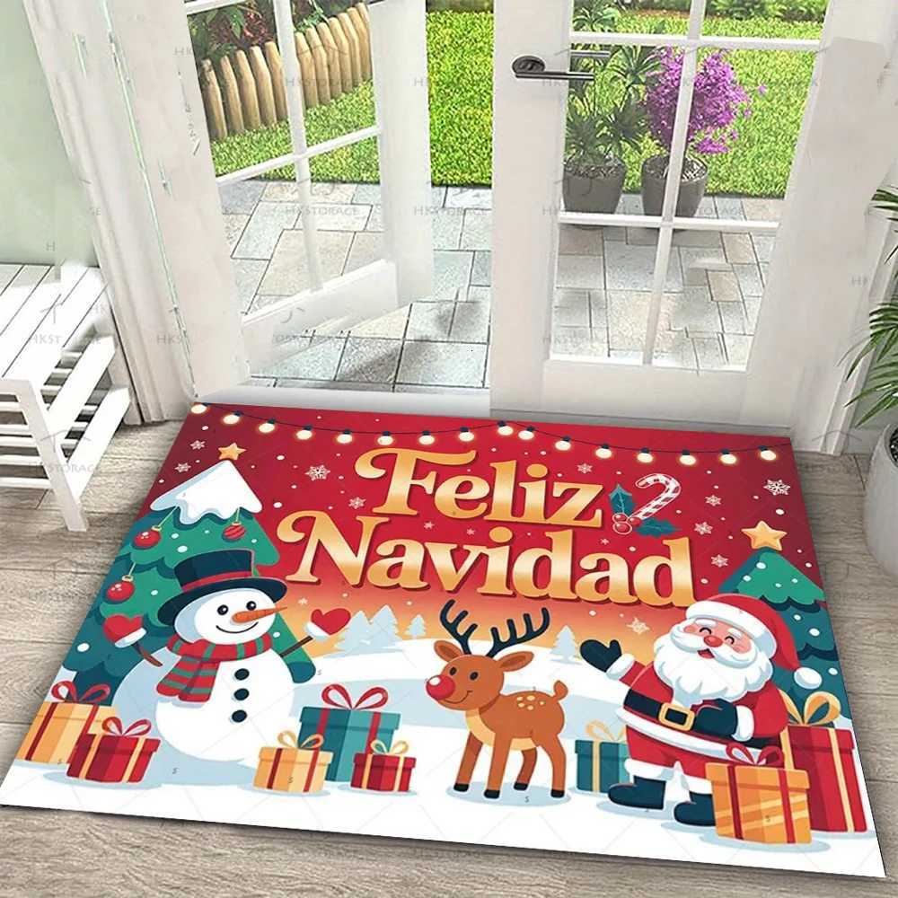 Feliz Navidad Christmas Doormat Red Background with Snowman Reindeer Santa Design White Snowflakes Gold Stars for Holiday DecorM251126