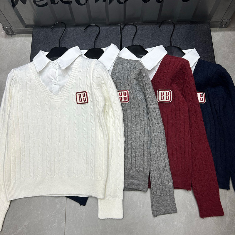 Designer Women Preppy Style Sweaters Fake Two Piece Lapel Neck Jumper Tops Autumn Spring Slim Fit Warm Knitwear