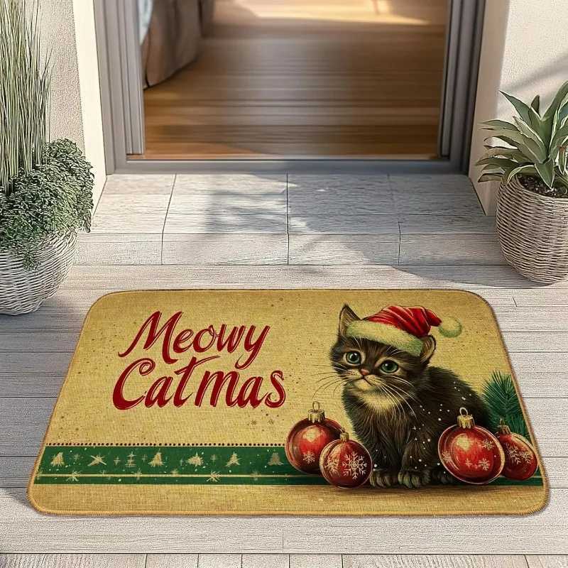 Christmas Cat Door Mat Welcome Floor Mat Anti-Slip Front Doormat for Bedroom Bathroom Indoor Porch Decor Entrance Rug for HomeM251126