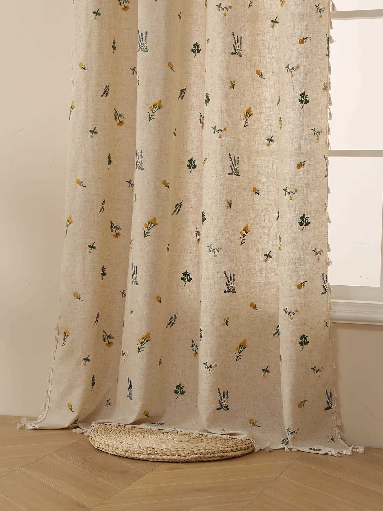 Curtain Christmas 1PC Linen Wheat Fringe Embroidery Hanging Fringe Curtains Living Room Bedroom Window Decoration Blocking Rustic Style Curtains Y2511