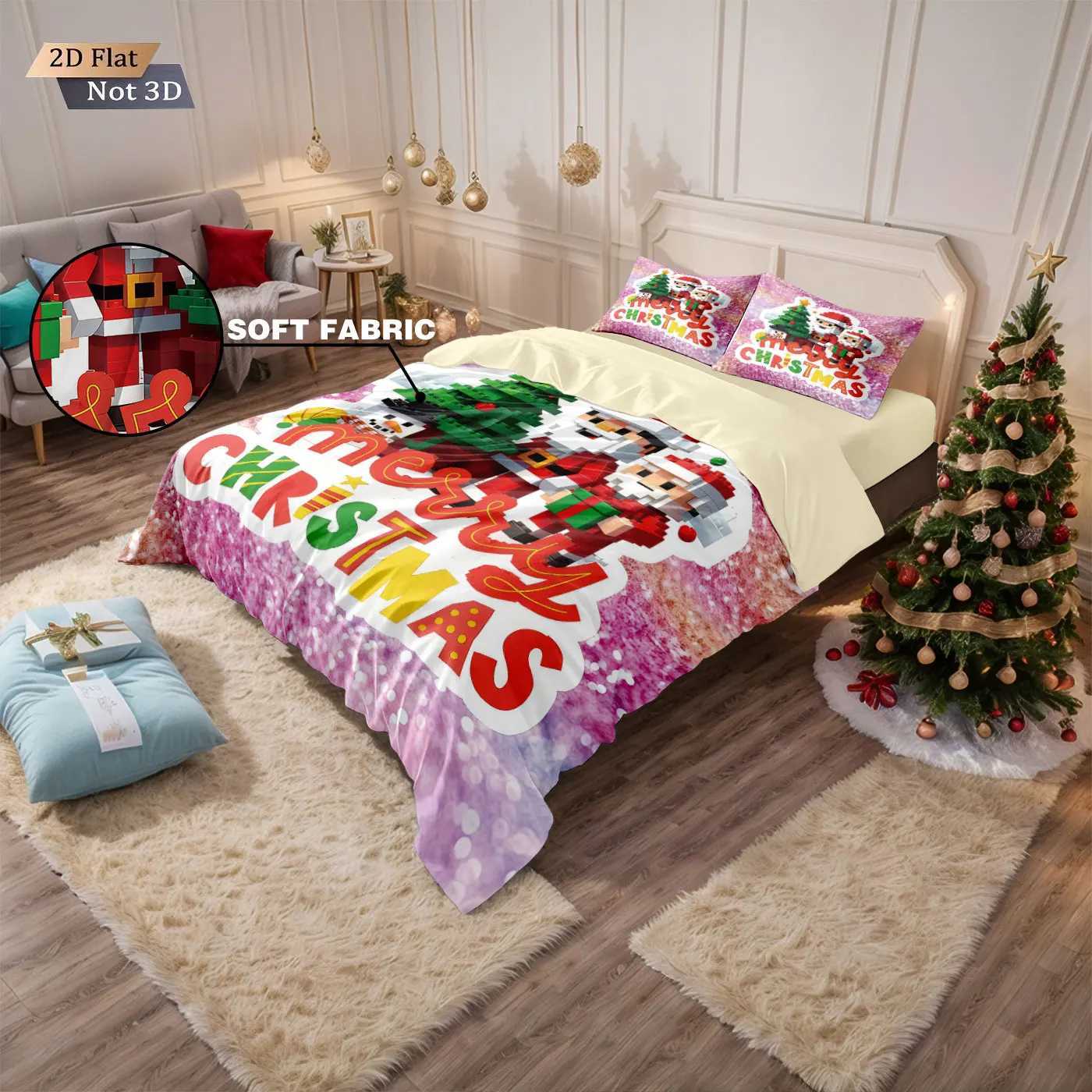 Christmas 3pcs building block style cartoon Santa Claus printed coreless bedding set multi size bedroom bedding holiday decoration Y251126