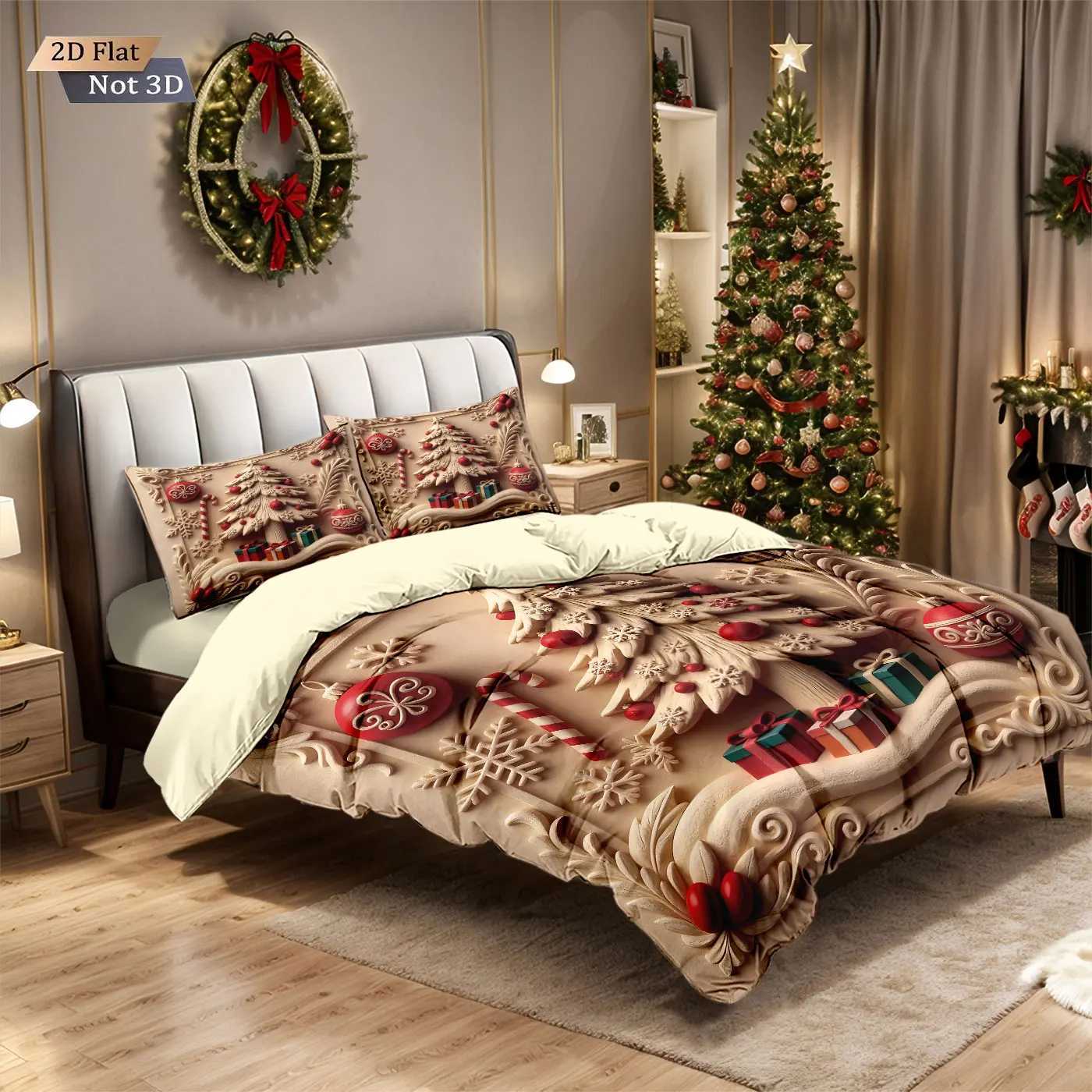 Christmas 3pcs imitation relief Christmas tree print coreless duvet set multi size bedroom bedding holiday decoration machine washable Y251126