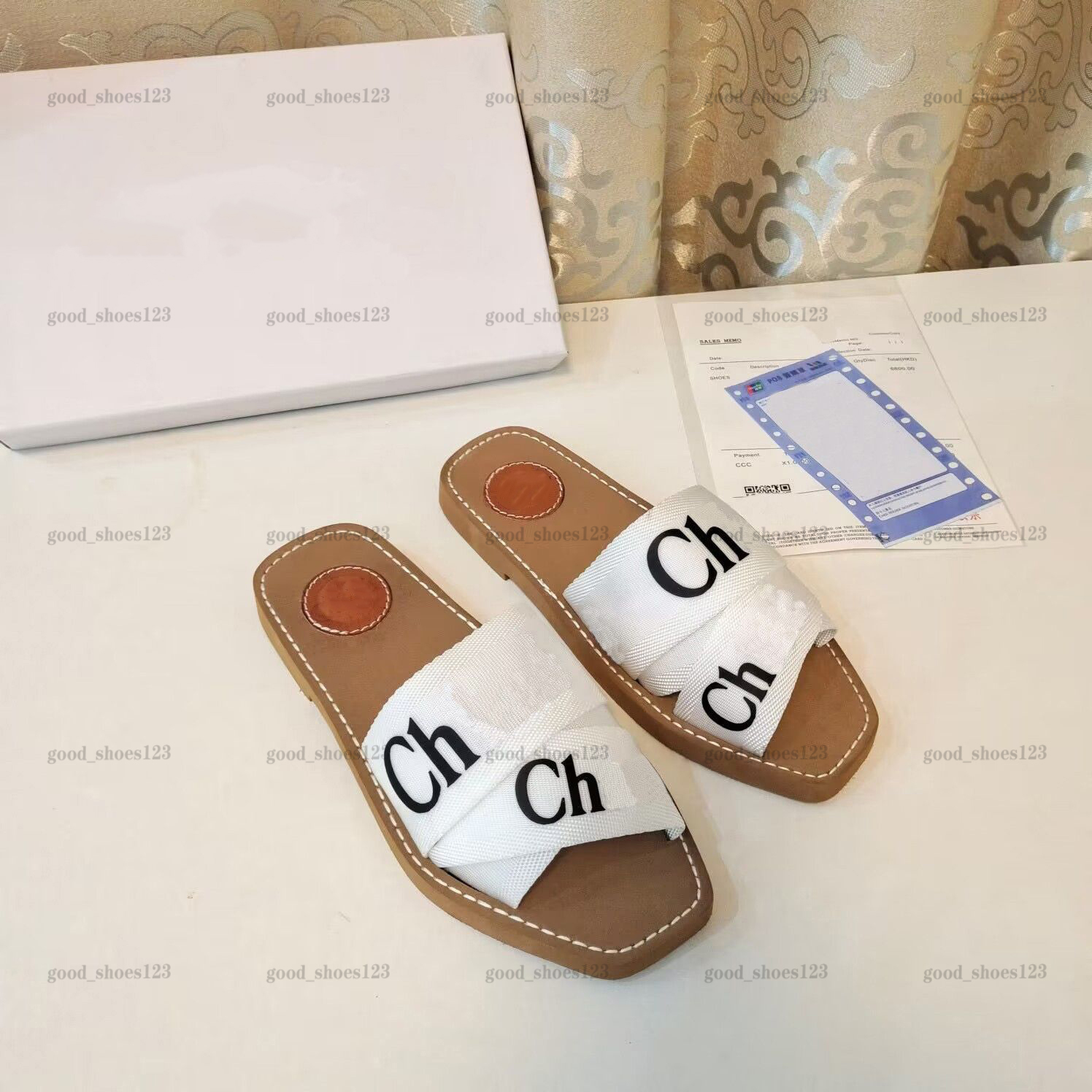 designer sandals for women Mules flat slides Light tan beige white lace Lettering Fabric canvas slippers women summer outdoor shoes
