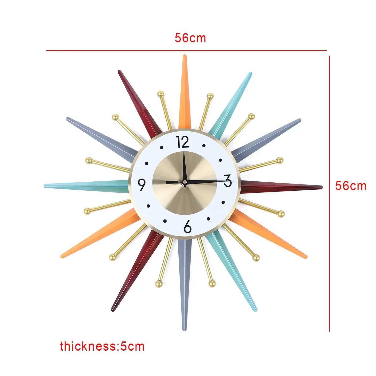 Silent Metal Large Wall Clock 22 Inch Mid Century Modern Big Colorful Sunburst Starburst Clock for Living Room Decor C251126