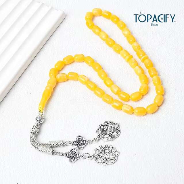 Hot Sale Isamic Misbaha Yellow Cylindrical 45-beads Prayer Religious Rosaries with Alloy Pendant Muslim Tesbih Gift for Eid