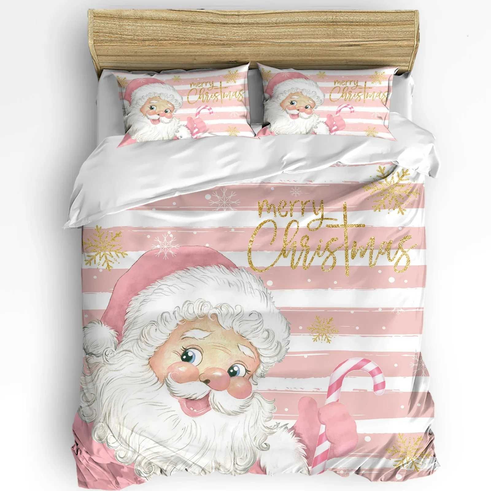 Christmas Christmas Santa Claus Snowflakes Pink Stripes 3pcs Bedding Set For Double Bed Home Textile Duvet Cover Quilt Cover Pillowcase Y251126