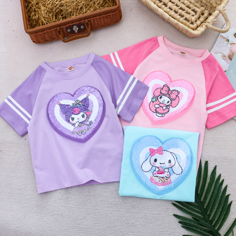 DISNEY toddler designer clothes Children's short-sleeved children's short-sleeved designer sequin summer make-up clothes top T-shirt Girls&#