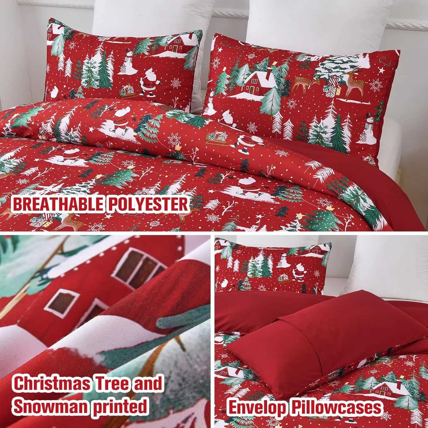 Christmas Red Merry Christmas Duvet Cover Set - Double Santa Claus Christmas Tree Snowflake Pattern Soft Microfiber Bedding Set Y251126