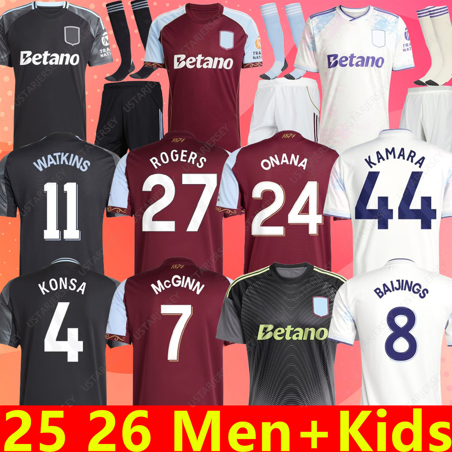 Aston Villashirt 25 26 ROGERS BAILEY MALEN Soccer Jersey 150th Home Away Third 2025 2026 McGINN ONANA WATKINS KONSA MARTINEZ BUENDIA Men Kid Kit Football Shirt top Set