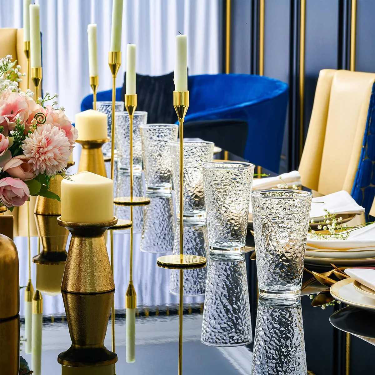 6 Pack Hammered Glass Cups Set 12oz/360ml Dishwasher Safe Cocktail Drinking Glasses Clear Heavy Base Stemmed Water Glasses C251126