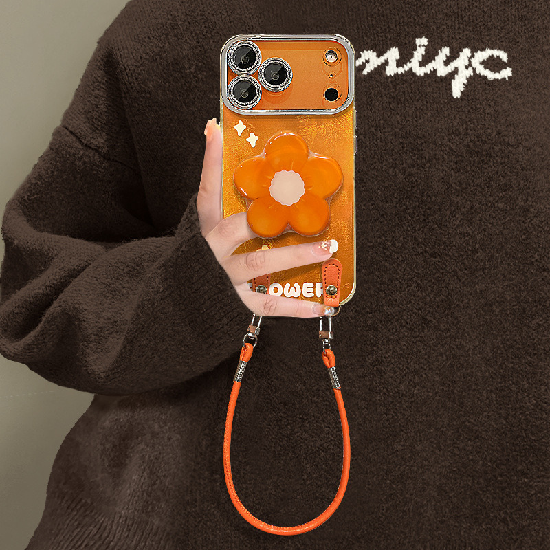 Orange flower holder suitable for Apple 17 phone case, iPhone 15 Promax with lanyard, 16 glacier pattern, 13 women