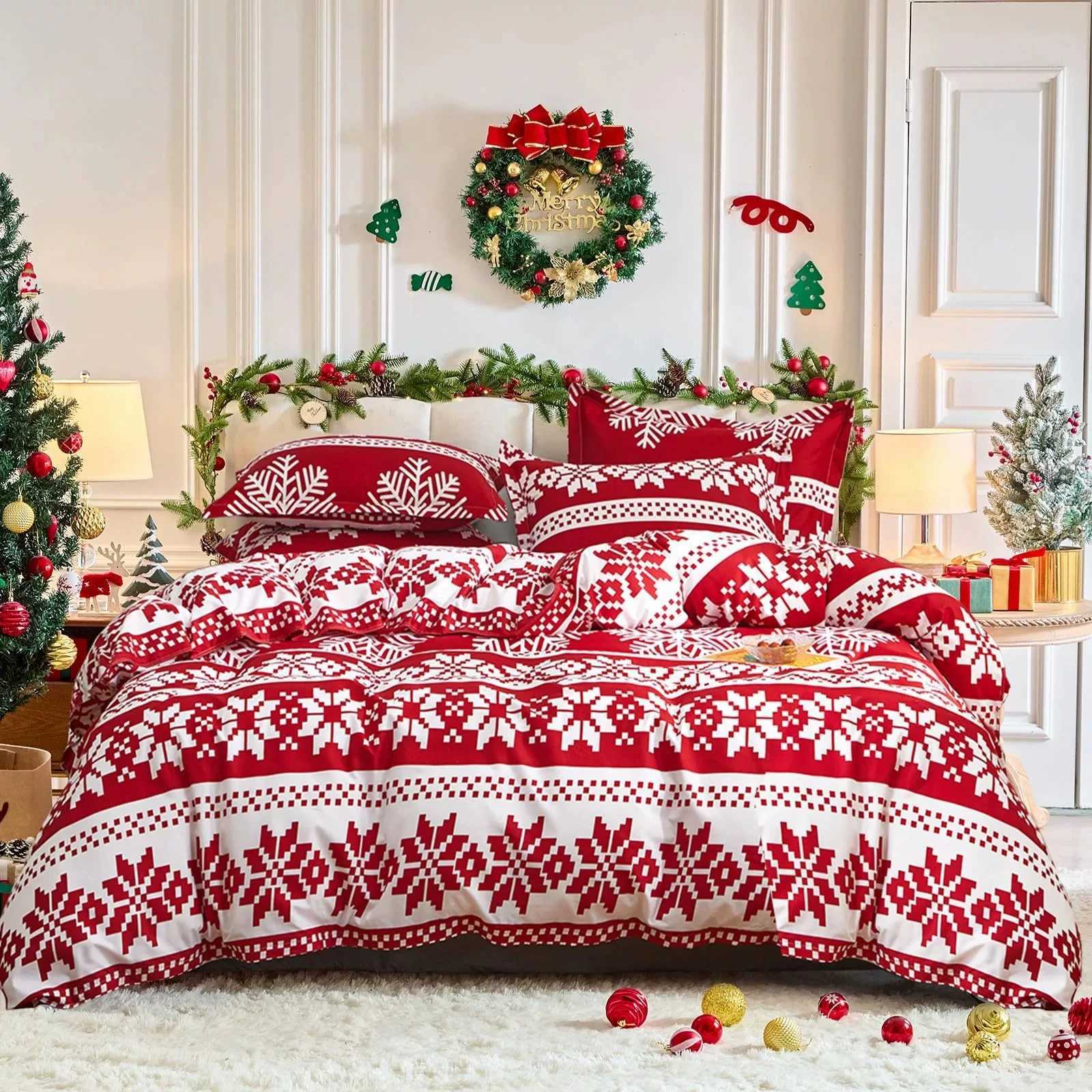 Christmas 2025 New Duvet Cover Christmas Snowflake Pattern Bedding Set skin-friendly Breathable for Kids and Adults Bedroom Decor Y251126