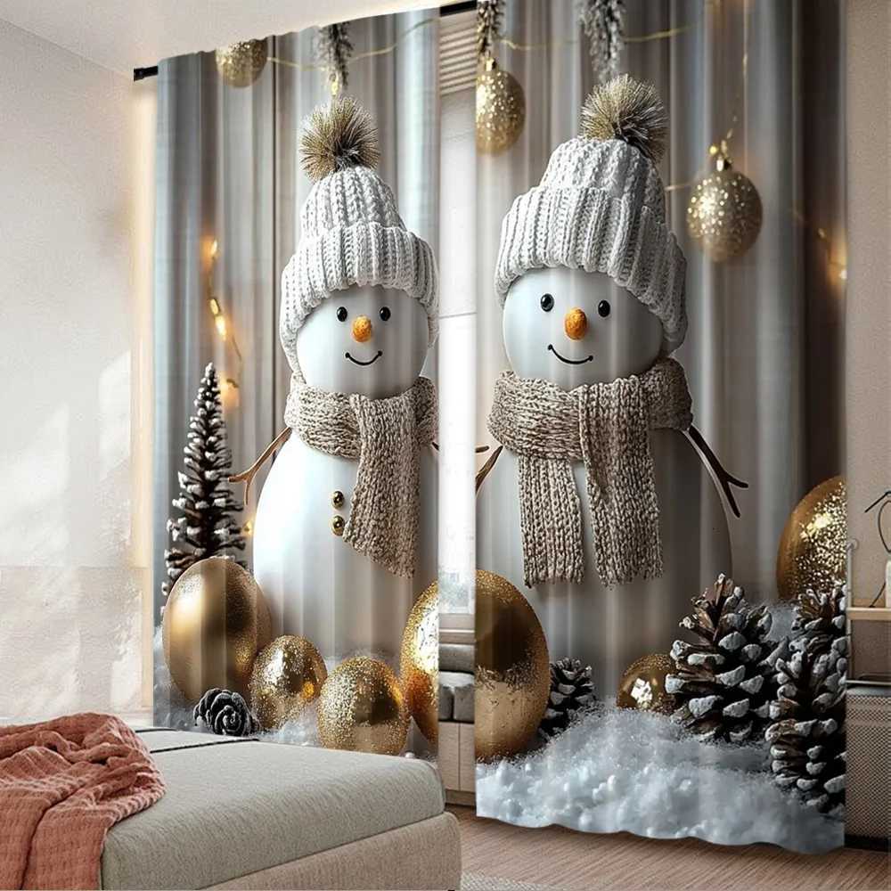 Curtain Christmas 2D flat printing 2pcs Happy Christmas fashion curtains Christmas snowman with golden orbs Digital Printed Polyester Drapes Y251126