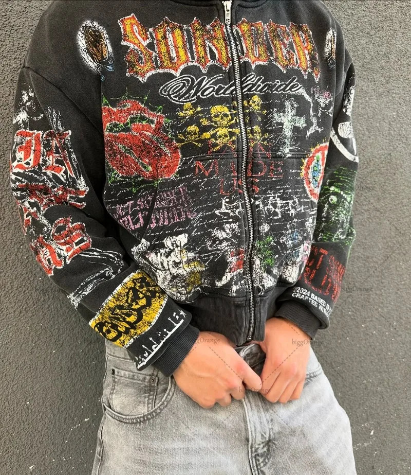 American retro skull graphic zipper mens gothic punk fashion streetwear jacket hip-hop Harajuku Y2K oversized sweatshirt 250422