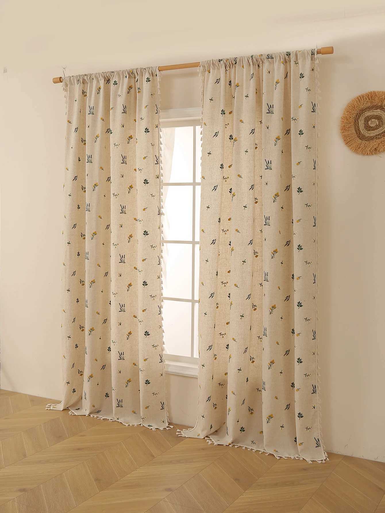 Curtain Christmas 1PC Linen Wheat Fringe Embroidery Hanging Fringe Curtains Living Room Bedroom Window Decoration Blocking Rustic Style Curtains Y2511