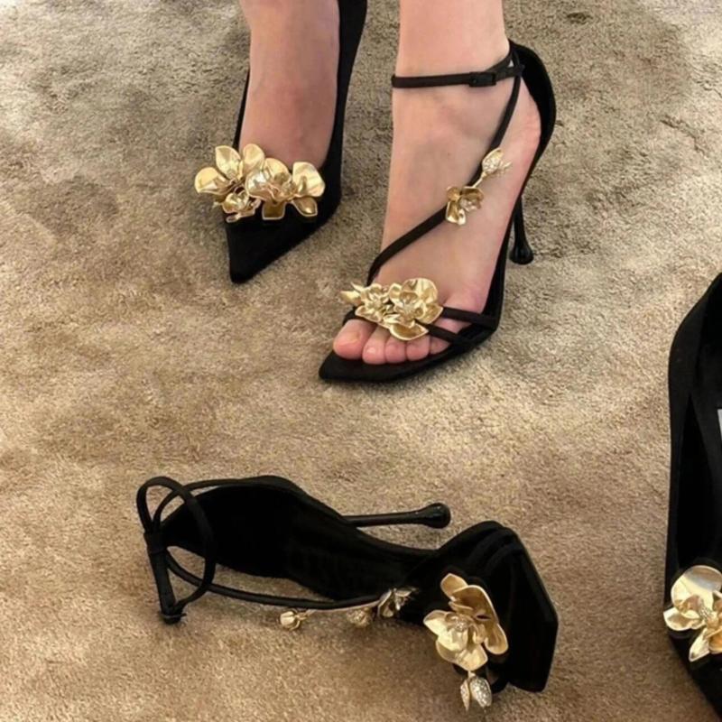Sandals Arrival Summer Gold Flower Design High Heels Shoes Woman Sandalias Mujer Black Lady Pumps Metal Decoration Slippers