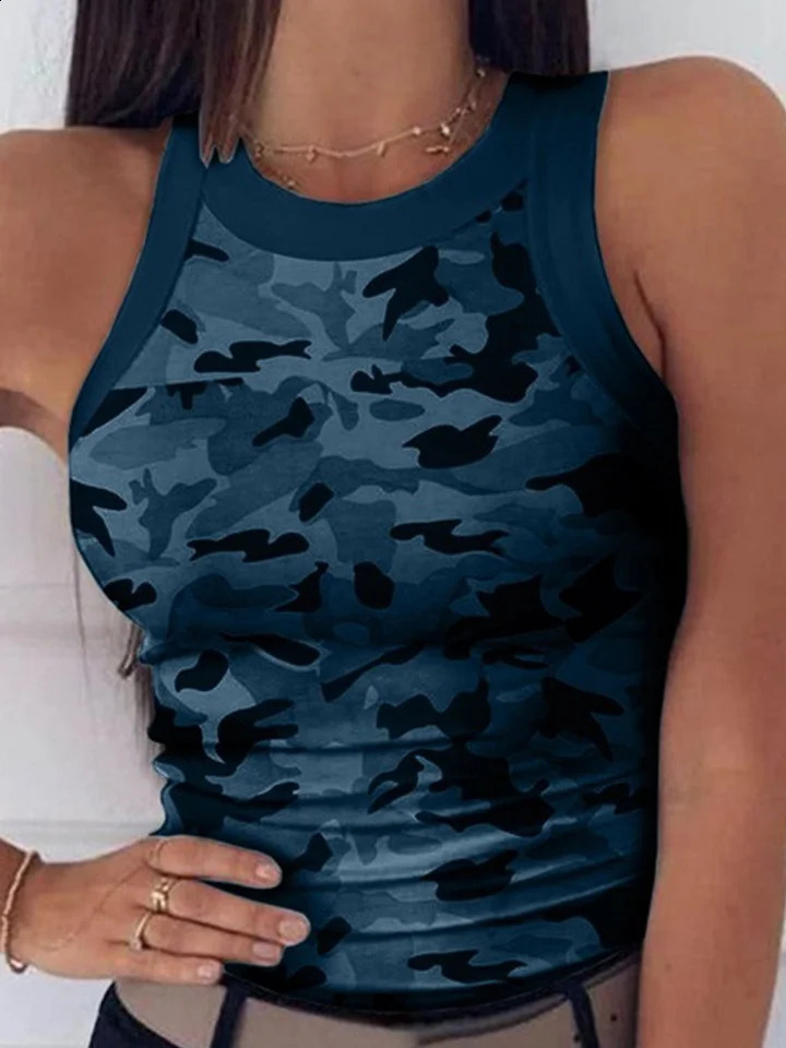 Womens casual camouflage round neck ribbed vest summer basic elastic vest sexy sleeveless crew neck vest womens clothing 250422