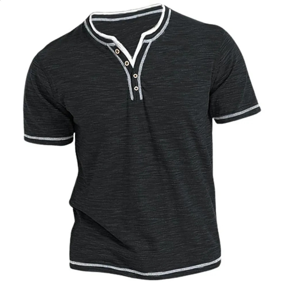 cotton small V-neck short sleeved T-shirt for mens casual Henley collar casual slim fit elastic top T-shirt 250427