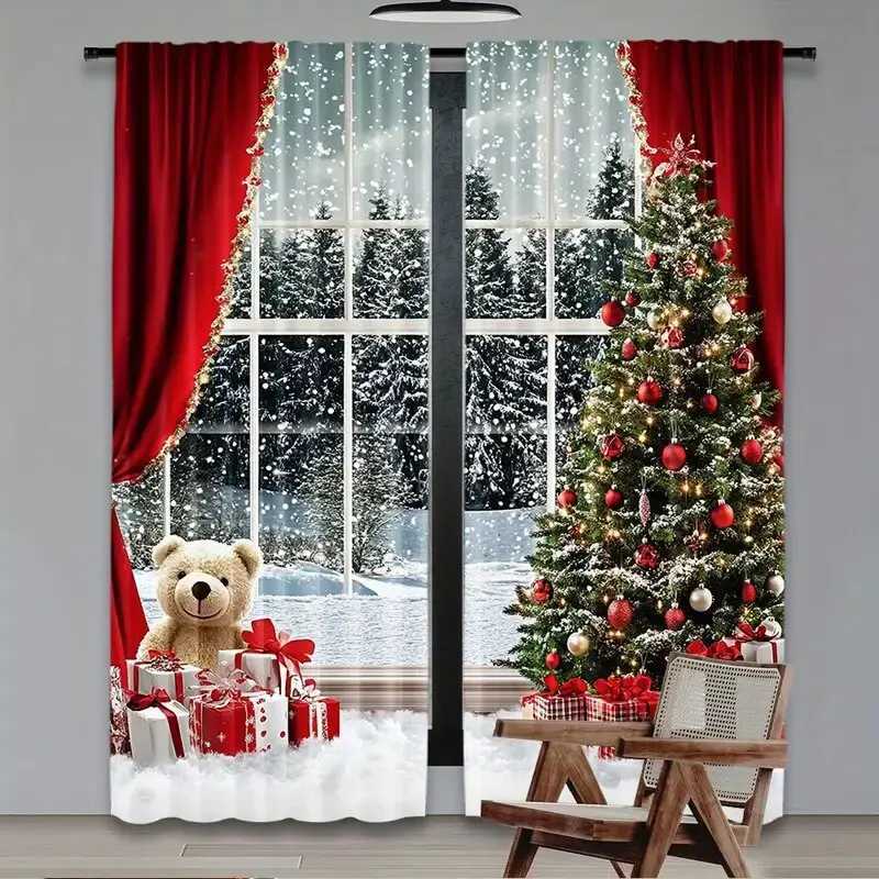 Curtain Christmas 2 pieces - Christmas curtains Christmas snow scene and tree polyester printed curtains home decoration room decoration Y251126