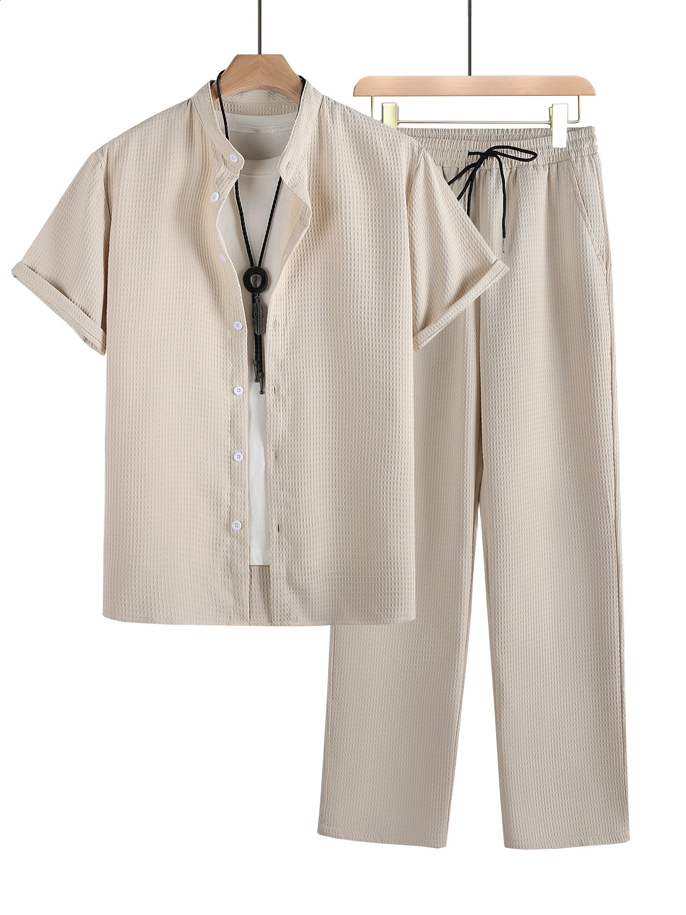 Leisure 2-piece spring/summer mesh fabric short sleeved drawstring pants set 250427