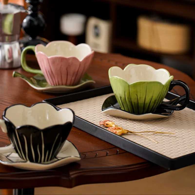 Three-dimensional Tulip Flower Cup Simulated Leaf-shaped Ceramic Coffee Mug Cup and Dish Set Afternoon Tea Accessories C251127