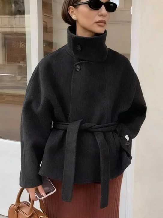 Street Womens Belt Stand Collar Woolen Coats Chic Single Breasted Full Sleeve Jacket 2025 Autumn Winter Lady Commute OutwearXJ251127