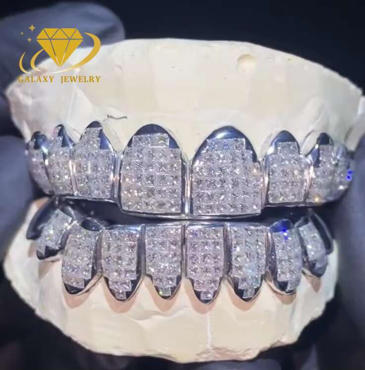 Hip Hop Iced Out Diamond Princess Cut Moissanite Grillz 10K 14K 18K Gold 925 Silver Invisible Custom Teeth Grillz