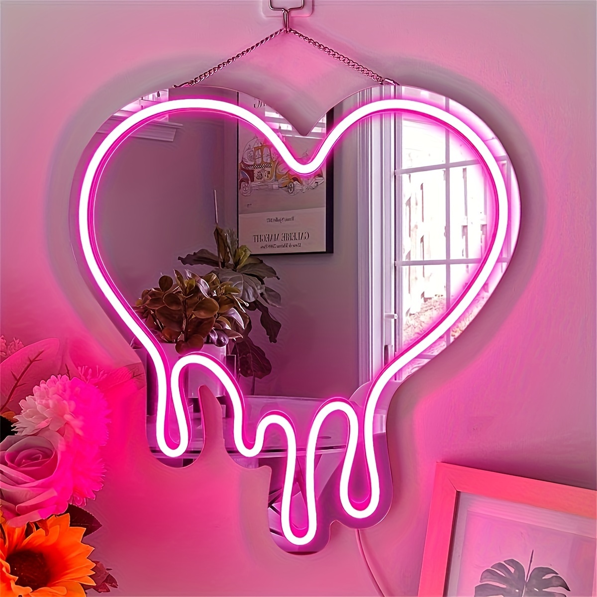 Melted Heart-shaped Neon Light Wall Mirror - Heart-melting wall decor,decorative wall mirror. Perfect for bedroom, girls' room, parties, studios,