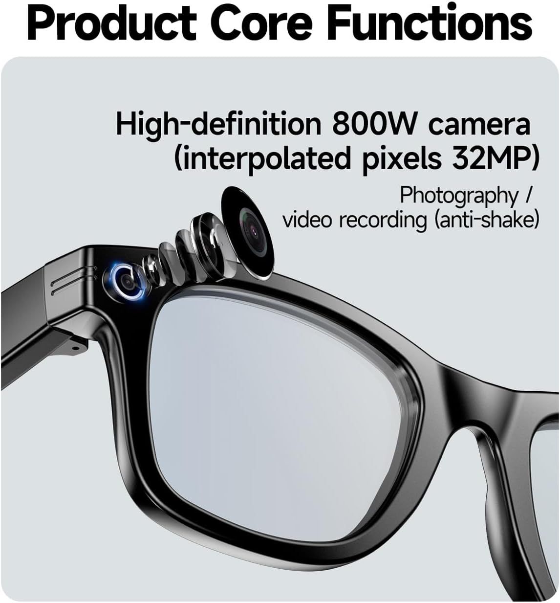 Smart Glasses 4K HD Camera, Bluetooth Call, 800W Anti-Shake Camera Glasses with Video Recording Dual Mic, Simultaneous Interpretation/GPT Identify Objects, 270mAh