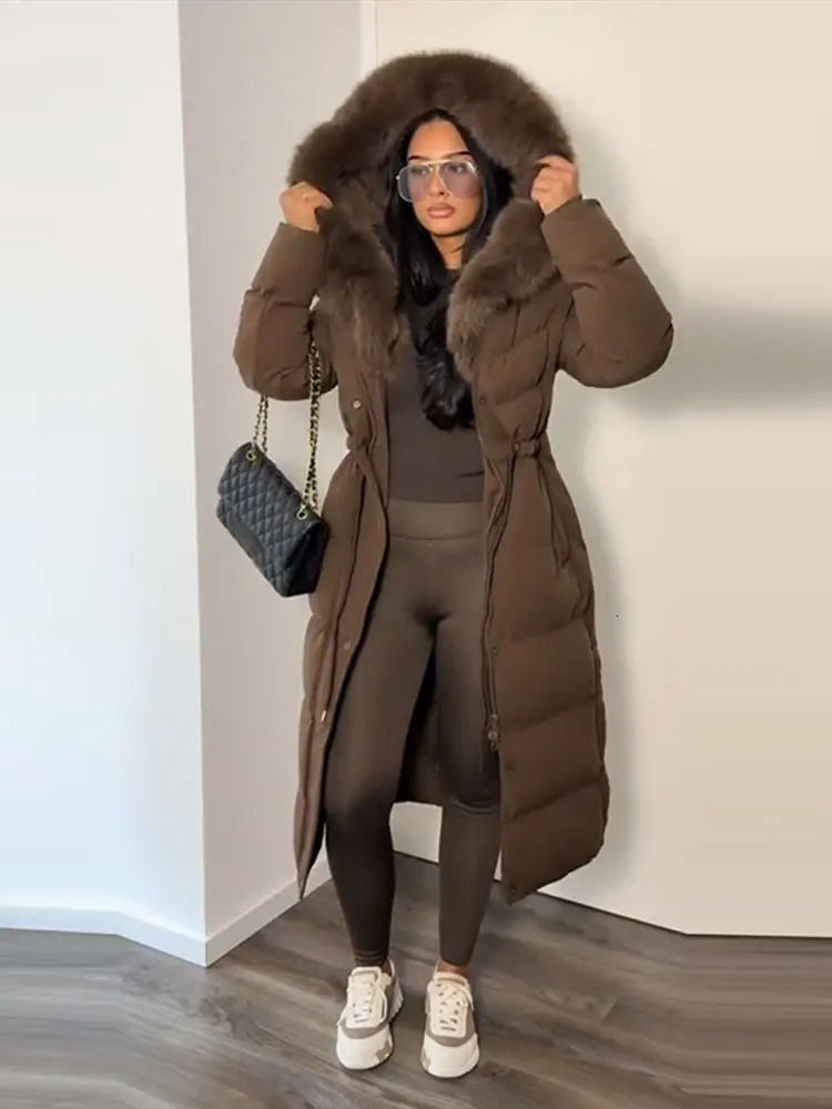Womens Winter Long Down Jacket With Hood Drawstring Waist Fur Collar Zipper Quilted Padded Jackets 2025 Warm Parka Outwear 251126