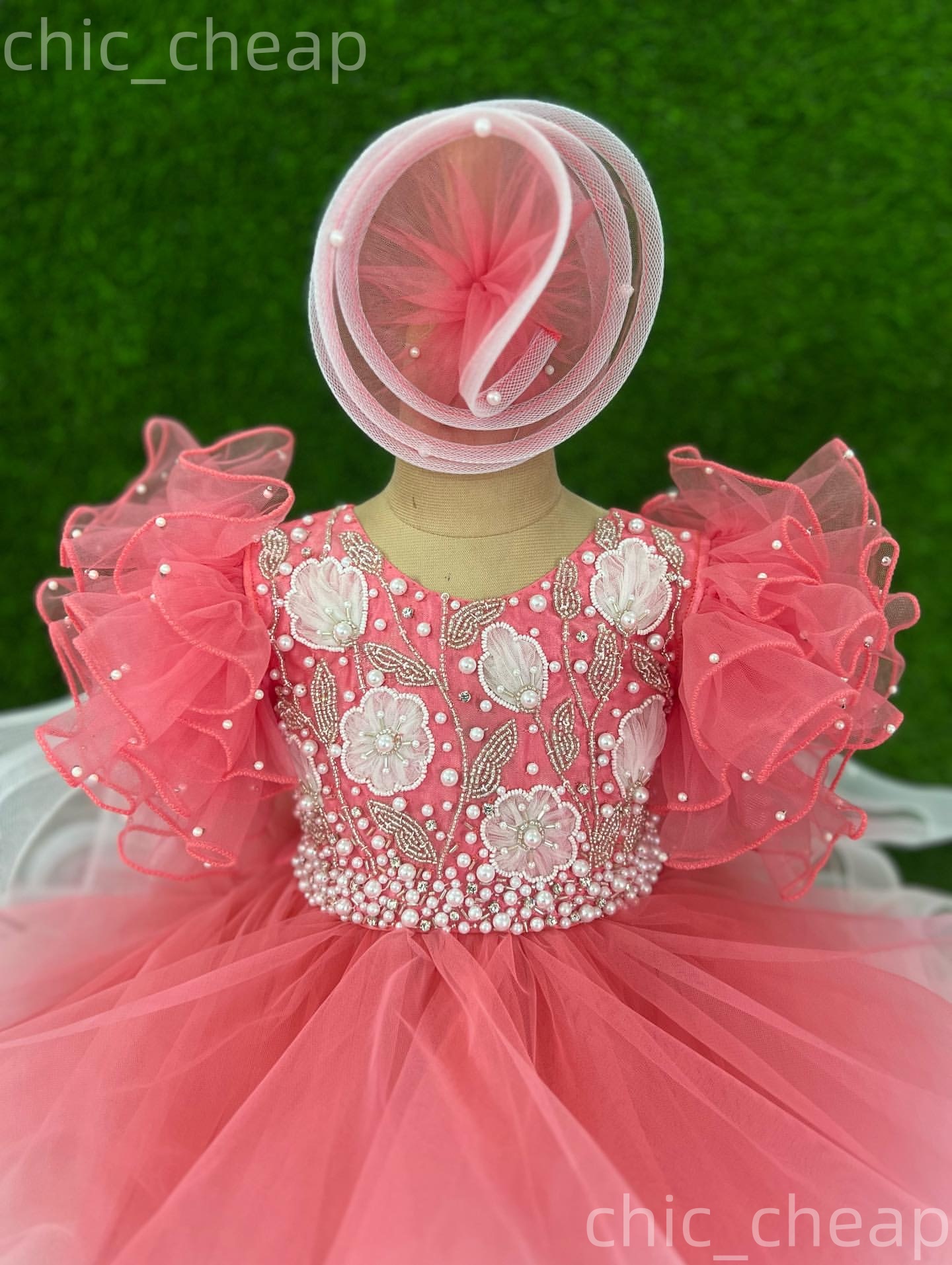 2026 Water Melon Ball Gown Flower Girl Dresses Appliques Pearls Tiers Tulle Little Girl Christmas Peageant Birthday Christening Tutu Dress Gowns ZJ422