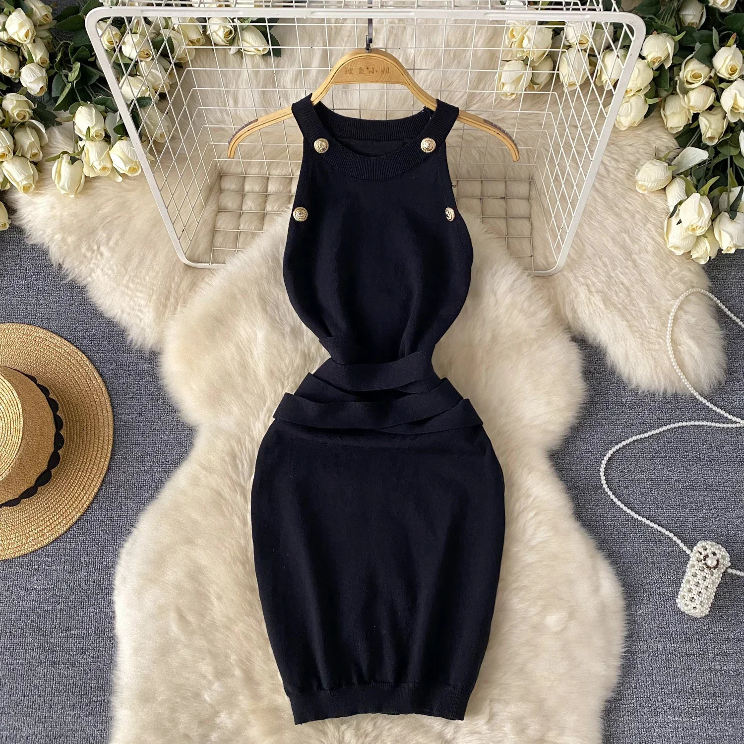 Button summer womens knitted jacket vest dress womens tight corset sleeveless mini dress 250427