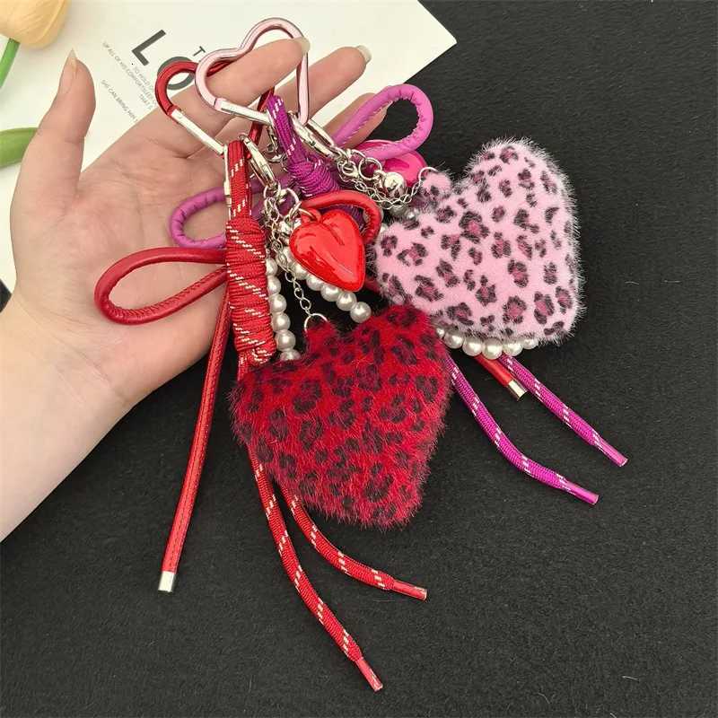New leopard print plush love bag pendant with high-end feel woven rope furry ball keychain pendant small giftT251127