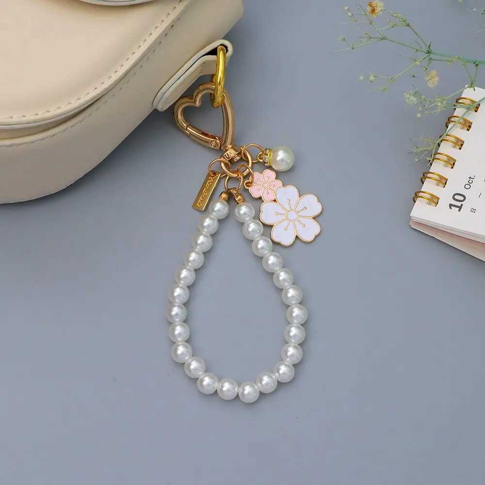 Lovely Cherry Blossoms Keychain Pearl Chain Letter Pendant Women Car Key Ring Headphone Case Charms Bag Decor AccessoriesT251127