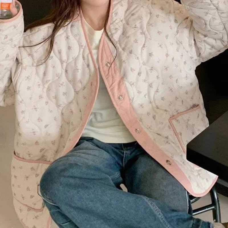 Retro floral small fresh color matching plaid cotton-padded jacket womens autumn and winter plus cotton coats on both sidesXJ251127
