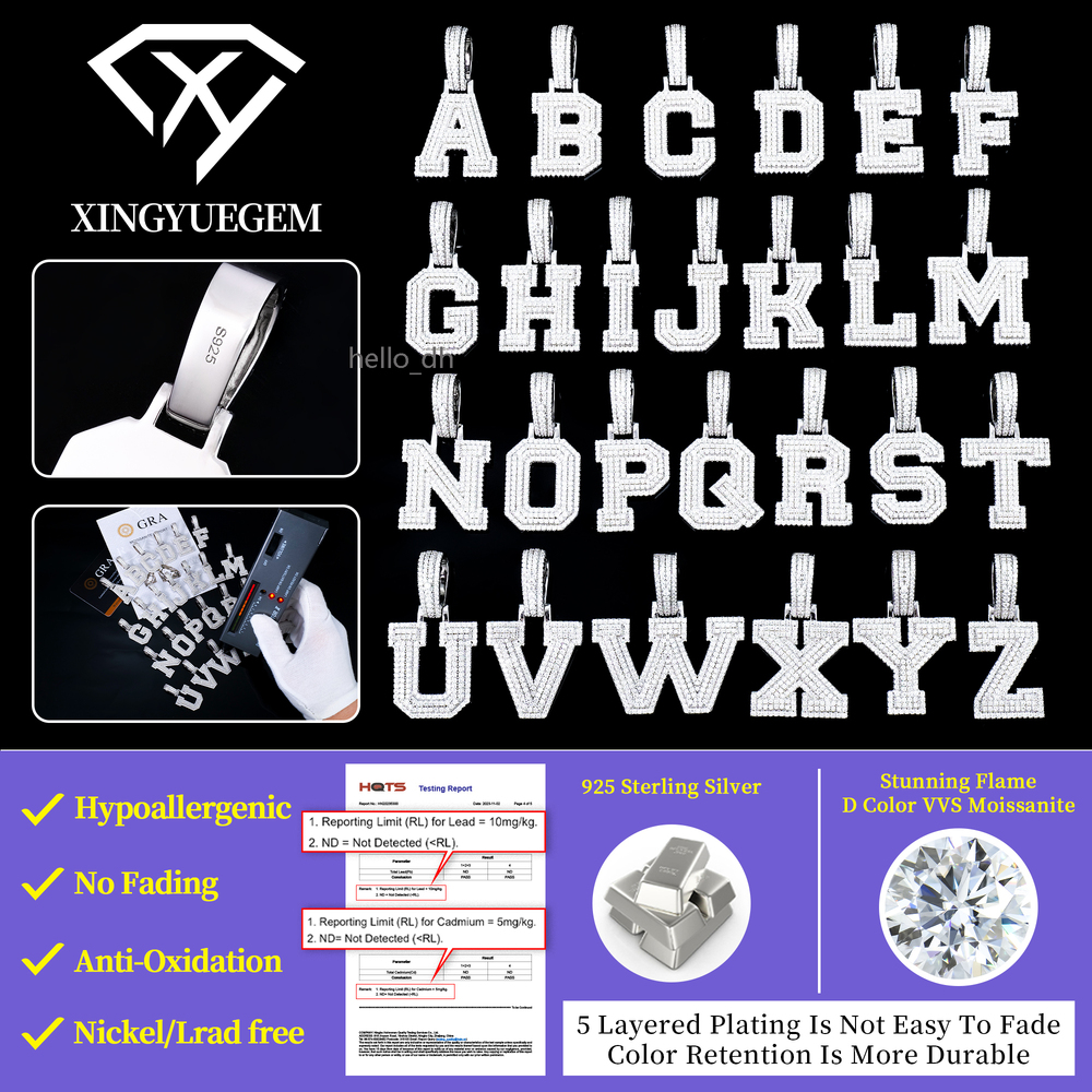 Wholesale Hip Hop Jewelry Iced Out 925 Sterling Silver Vvs Diamond Mossanite Moissanite A-Z Initial Letter Pendant for Men Chain