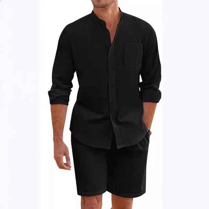 Mens two-piece cotton linen comfortable button up shirt long sleeved cardigan casual beach wear 250425