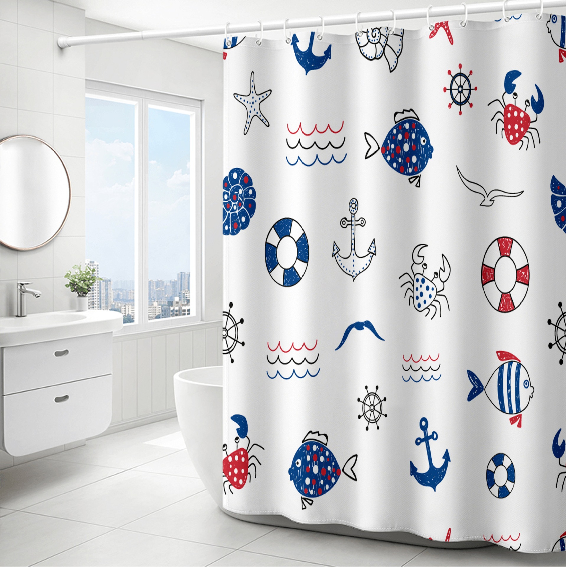 YL-37823 Polyester Marine Print Thickened Waterproof Shower Curtain - Multiple Styles Available for Wholesale Bathroom Curtains