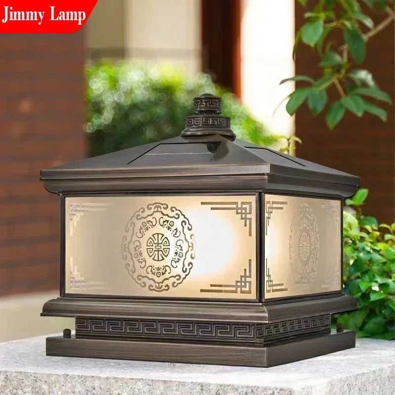 Outdoor Solar Wall Lamp Retro Chinese Brass Column Light LED Waterproof IP65 Home Villa Courtyard Entrance Post Lighting SystemM251127